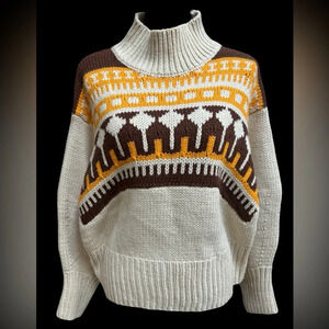 MOODIE FAIR ISLE YOKE GOLD & BROWN CABLE KNIT NORDIC WINTER SWEATER SIZE LG